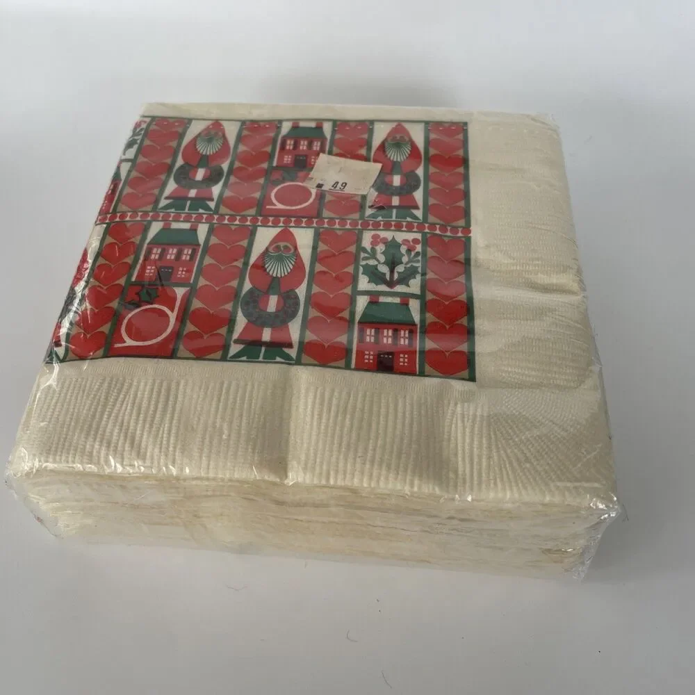 NOS Vintage Christmas Cocktail Napkins Package Of 50 Folk Art Santa Wreath New
